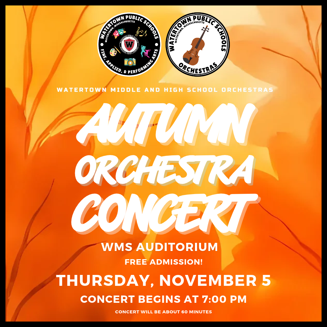 A promotional poster for an Autumn Orchestra Concert featuring event details against a warm, orange autumn leaf background.
